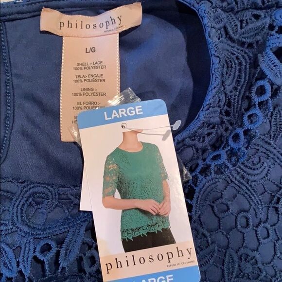 NWT Philosophy Embroidered denim blue lace blouse short sleeve Sz Large - Picture 7 of 9